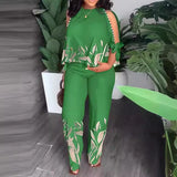 Gcfaka New Women's Round Neck Nail Bead, Rotator Sleeve T-Shirt And Trousers Positioning Print Suit