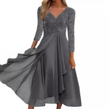 Gcfaka And Winter Long-Sleeved Chiffon Dress Splicing V-Neck Lace Hollow-Out Bridesmaid Evening Dress