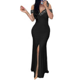 Gcfaka Women's Elegant Temperament Hot Diamond Open Shoulder Slim High Purse Hip Slit Dress