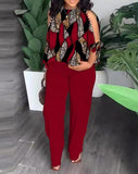 Gcfaka New Women's Round Neck Nail Bead, Rotator Sleeve T-Shirt And Trousers Positioning Print Suit