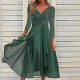 Gcfaka And Winter Long-Sleeved Chiffon Dress Splicing V-Neck Lace Hollow-Out Bridesmaid Evening Dress
