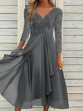 Gcfaka And Winter Long-Sleeved Chiffon Dress Splicing V-Neck Lace Hollow-Out Bridesmaid Evening Dress