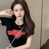 Gcfaka Letter Print T-Shirt Women's Summer 2024 New Ins Slim Short Design Sense Niche Short-Sleeved Top