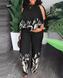 Gcfaka New Women's Round Neck Nail Bead, Rotator Sleeve T-Shirt And Trousers Positioning Print Suit