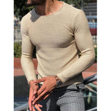 Gcfaka Men's Casual Round Neck Sweater Solid Color Slim Long Sleeve Knit Jumper Men's Sweater