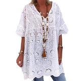 Gcfaka Women's New V-Neck Hollow Embroidered Blouse Short-Sleeved Dress