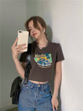 Gcfaka Ins Print T-Shirt Women's Summer Loose Short Crop Chic Flavor 2024 New Short-Sleeved Jacket Fashion
