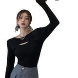 Gcfaka Long-Sleeved T-Shirt Women's Autumn 2024 New Hot Girl Sexy Slim Design Sense Bottom Shirt Student Top