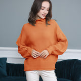 Gcfaka Style Women's Sweater Fashion Casual Women's Long Sleeve High Collar Pure Color Knit Pullover