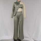 Gcfaka Women's Temperament Elegant Hanging Neck Diagonal Shoulder Chest Sexy Crop Wide Leg Pants Suit