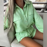 Gcfaka 2024 Women's New Casual Solid Color Shirt Rope Lace Shorts Fashion Suit Women