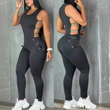 Gcfaka Summer New Women's Waist Slim Sexy Punk Slim Women's Hollow Out Jumpsuit