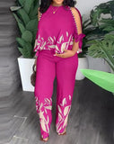 Gcfaka New Women's Round Neck Nail Bead, Rotator Sleeve T-Shirt And Trousers Positioning Print Suit