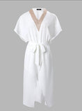 Gcfaka Summer Fashion Mature Women's Lace Lace V Collar Tie With Slit Casual Dress