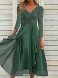 Gcfaka And Winter Long-Sleeved Chiffon Dress Splicing V-Neck Lace Hollow-Out Bridesmaid Evening Dress