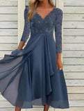 Gcfaka And Winter Long-Sleeved Chiffon Dress Splicing V-Neck Lace Hollow-Out Bridesmaid Evening Dress