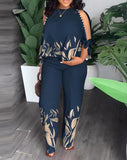 Gcfaka New Women's Round Neck Nail Bead, Rotator Sleeve T-Shirt And Trousers Positioning Print Suit