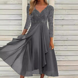Gcfaka And Winter Long-Sleeved Chiffon Dress Splicing V-Neck Lace Hollow-Out Bridesmaid Evening Dress