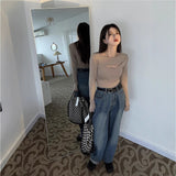 Gcfaka Long-Sleeved T-Shirt Women's Autumn 2024 New Hot Girl Sexy Slim Design Sense Bottom Shirt Student Top