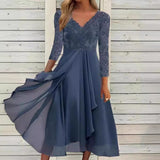 Gcfaka And Winter Long-Sleeved Chiffon Dress Splicing V-Neck Lace Hollow-Out Bridesmaid Evening Dress