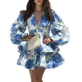 Gcfaka Autumn And Winter Women's Elegant Fashion V-Neck Bubble Long Sleeve Print Flounce Short Dress