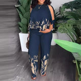 Gcfaka New Women's Round Neck Nail Bead, Rotator Sleeve T-Shirt And Trousers Positioning Print Suit