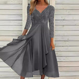Gcfaka And Winter Long-Sleeved Chiffon Dress Splicing V-Neck Lace Hollow-Out Bridesmaid Evening Dress