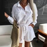 Gcfaka 2024 Women's New Casual Solid Color Shirt Rope Lace Shorts Fashion Suit Women